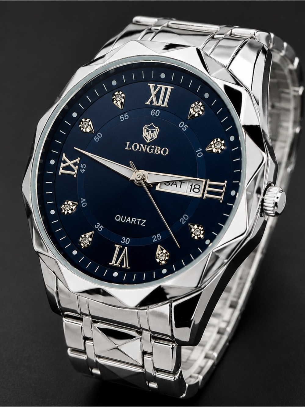 Men's Silver Stainless Steel Watch with Blue Dial